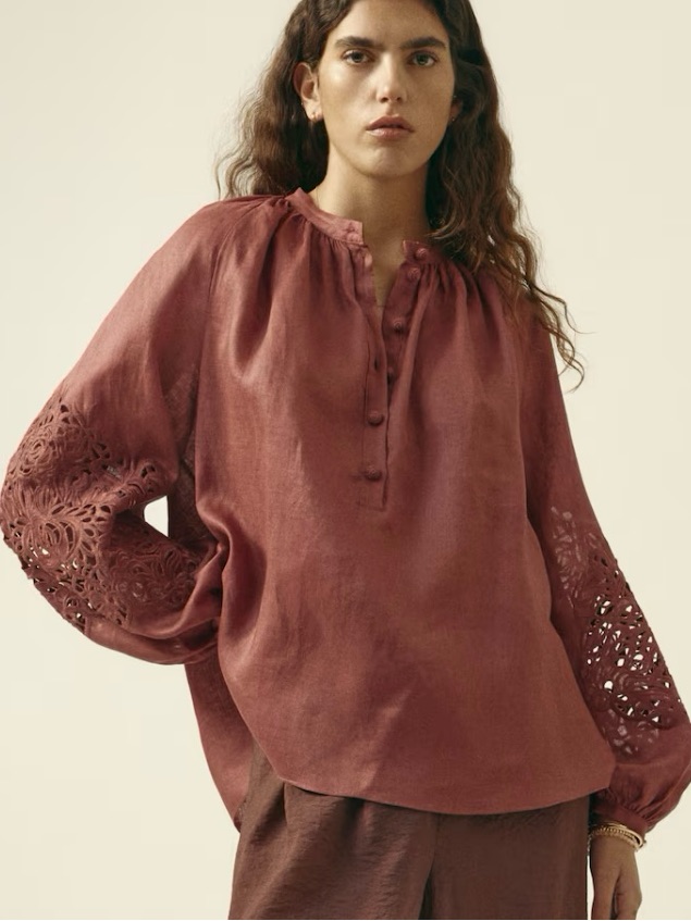 H&M Edition Nwt Dusty Red Linen Blouse With Eyelet Embroidery